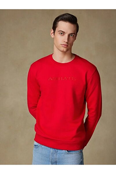 Abbate Sweatshirt Örme Kumaş Pamuklu Comfort Fit Kırmızı Bisiklet Yaka Erkek Nakışlı Sweatshirt