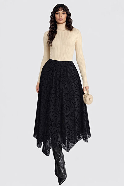 Trend Alaçatı Stili Fusta neagră asimetrică croială din tul căptușită pentru ...