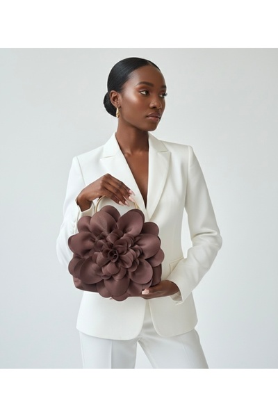 GUSTELLO Kahverengi Saten Çiçek Detaylı Kadın El Çantası - Gold Metal Saplı A...