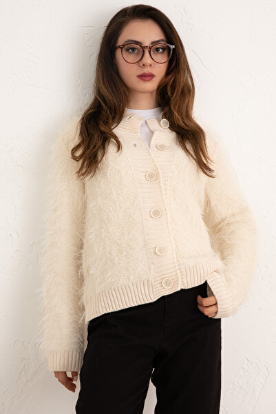 Salih Çelebi Yumoş Πλεκτό Ζακέτα με Γένια 07226 - EKRU