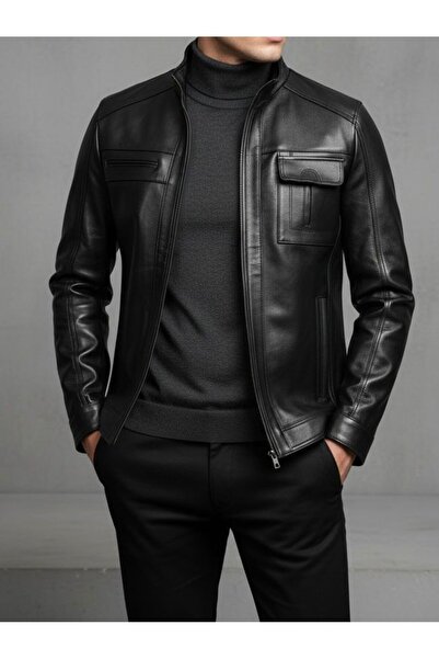 SAVARA Erkek regular kalıp siyah hakiki deri mont (gerçek kuzu derisi)