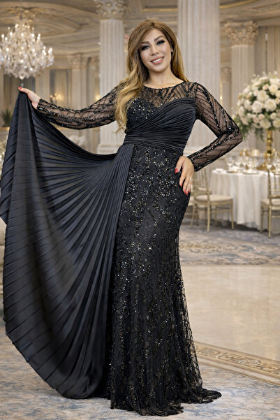Yeşilmoda elbise abiye işlemeli siyah Maxi dantelli taşlı krep kumaş yüksek k...