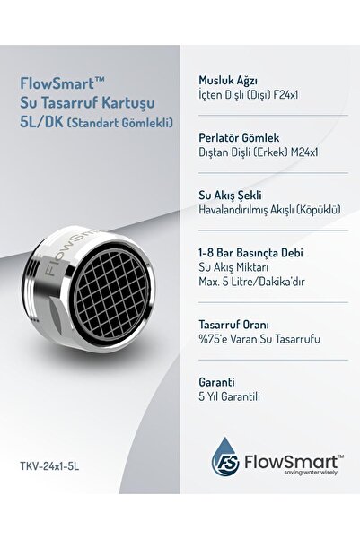 FlowSmart™ Su Tasarruf Aeratörü 5 L/dk | ØM22/F24 Uyumlu Çift Pasolu Gömlekli Perlatör | %75 Tasarruf