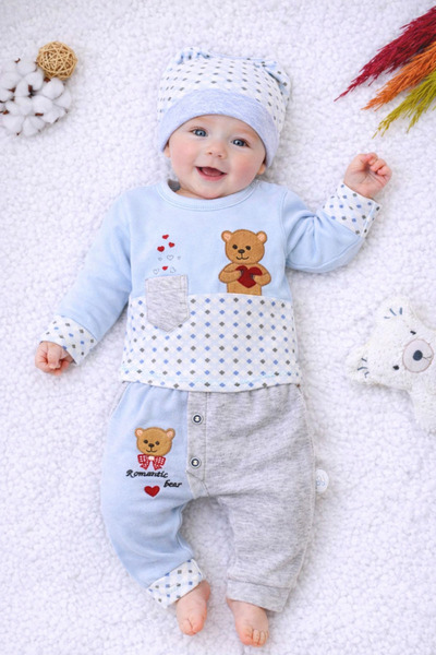 Tomuycuk طقم أطفال أولادي أزرق مصنوع من القطن بنسبة 100% مكون من 3 قطع - طقم ...