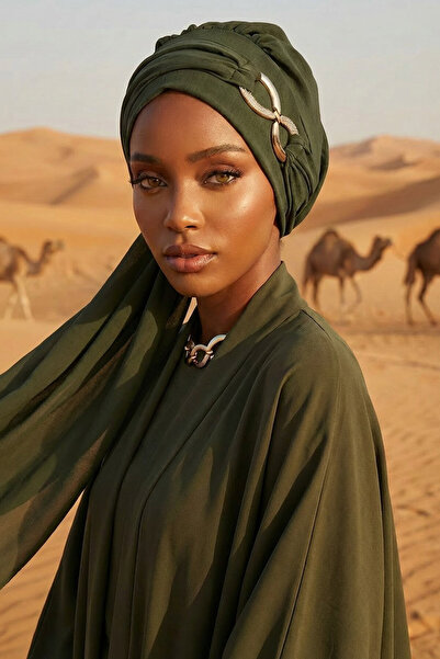 Aisha's Design عمامة جاهزة أنيقة مع إكسسوارات معدنية، أخضر كاكي، HT-94