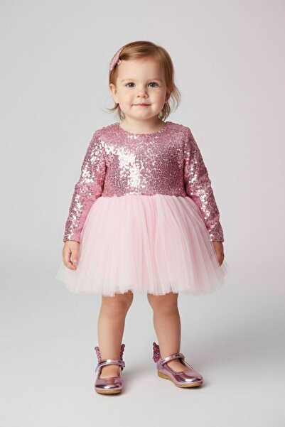 Le Mabelle Pink Sequin Long Sleeve Baby Girl Dress - Berry