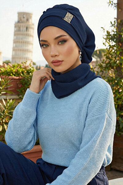 Aisha's Design عمامة جاهزة قابلة للتغطية مع إكسسوارات ذهبية، أزرق داكن، HT-11A