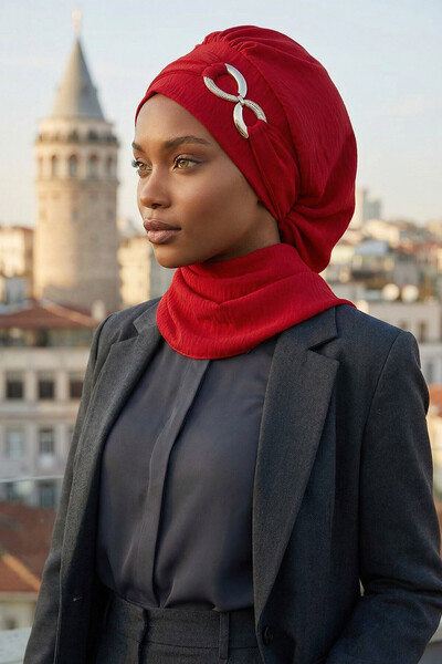 Aisha's Design عمامة جاهزة أنيقة مع إكسسوارات معدنية، أحمر، HT-94