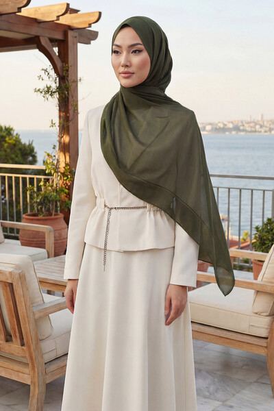 Aisha's Design Arkadan Bağlanan Penye İç Boneli Pratik Şifon Şal,Haki Yeşil,PS-51
