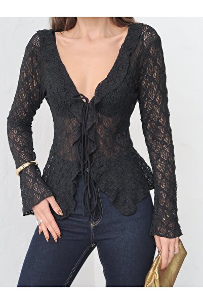 Paw Garage Women's Sura Knitted Lace Shawl Collar Tie-Up Blouse