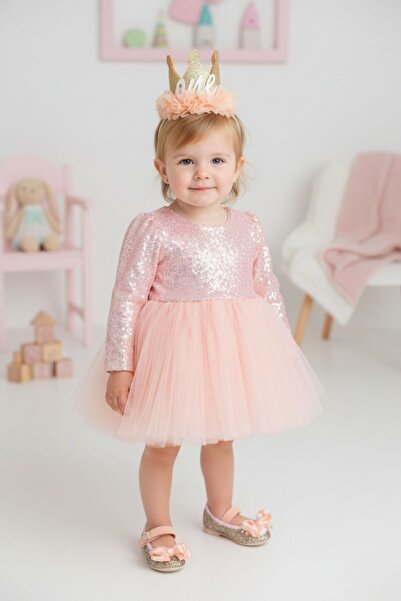 Le Mabelle Salmon Sequin Long Sleeve Baby Girl Dress - Berry