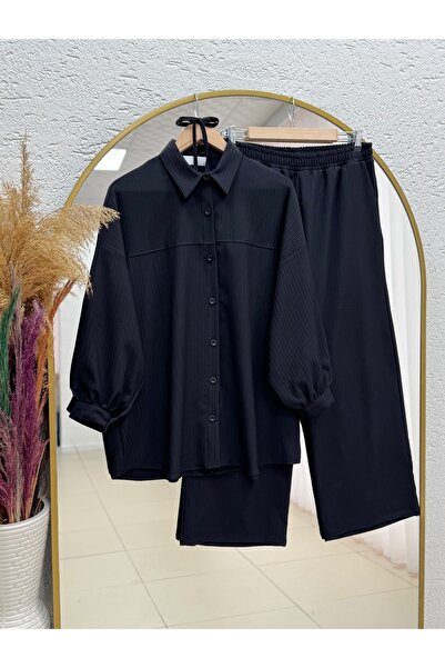 MİHRA STORE بدلة Behin قميص أمامي مزخرف بقضيب توصيل دبي مع بنطلون-EK-Z-480 أسود