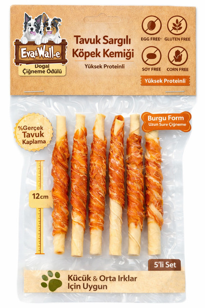 Eva & Wall-e Tavuk Sargılı Beyaz Sığır Derisi Burgu Köpek Ödülü 12 cm | Yükse...