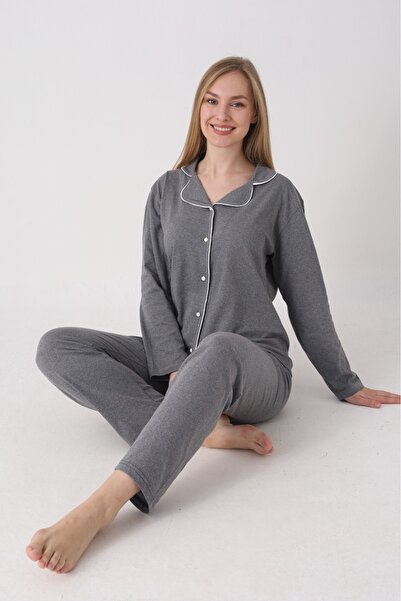 Sude HOMEWEAR Gömlek Uzun Kol Antrasit Pijama Takımı