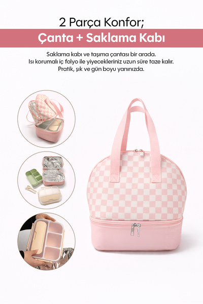 Ecrou Gingham Patterned Thermal Insulated Storage Container & Lunch Bag Set P...