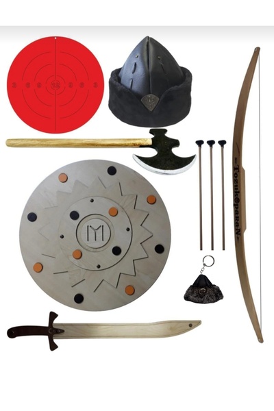 Ahtek طقم حجاب ودرع سيف خشبي للأطفال مع شعار الدولة العثمانية، 6 قطع