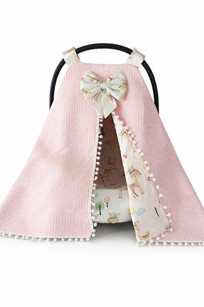 Jaju Baby Waffle Pudra Pembe Pike Kumaş Ceylan Ponponlu Puset Örtüsü ve Çarşafı