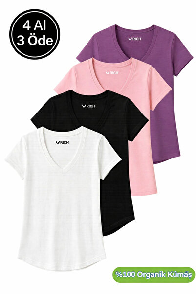 Rich Pachet de 4 tricouri pentru femei, negru-alb-violet-roz, 100% bumbac org...