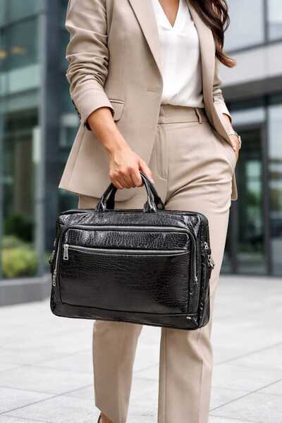 Dadacuq Patent Leather Crocodile Leather 3-Compartment Laptop & Briefcase Sho...