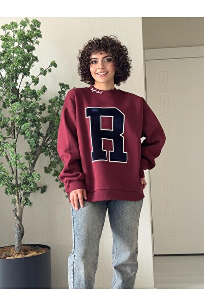 Quzu Hanorac oversize brodat R, roșu claret