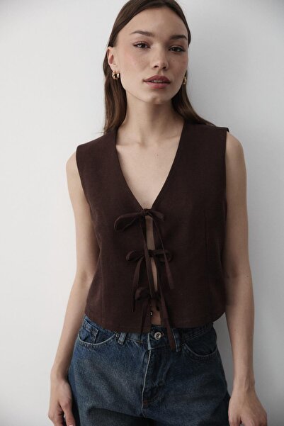 JASTE Дамски ленен жилет с връзки BROWN