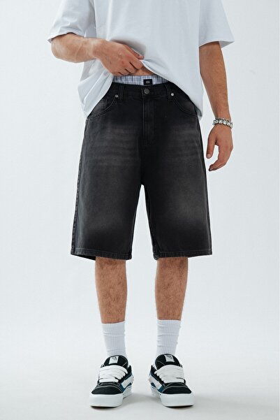 UKHWD SUPPLY شورت رجالي أسود فضفاض من قماش الدنيم Urban Jort
