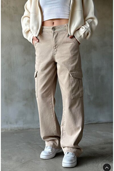 LAMİRA Bézs Palazzo széles szárú nadrág, bézs Cargo szupermagas derekú