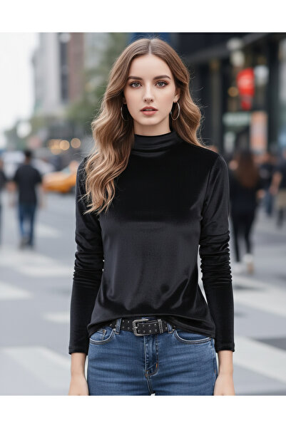 WAYS Women's Turtleneck Black Velvet Bodysuit