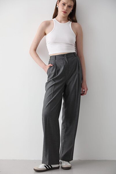 JASTE Kadın Beli Lastikli Bol Paça Palazzo Pantolon ANTRASİT