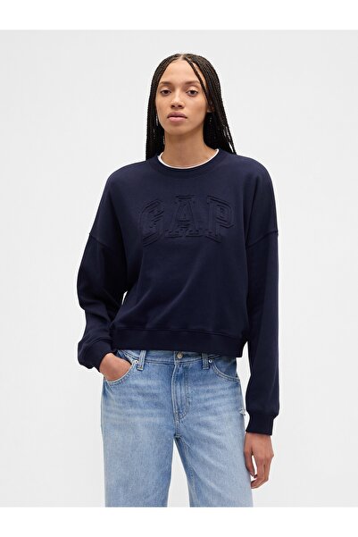 GAP Kadın Lacivert Fransız Havlu Kumaş Logo Wedge Sweatshirt