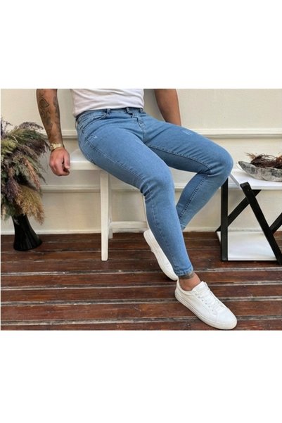 MODA FINE Men's Slim Fit Skinny Fit Stretch Fabric Jean Pants Light Blue