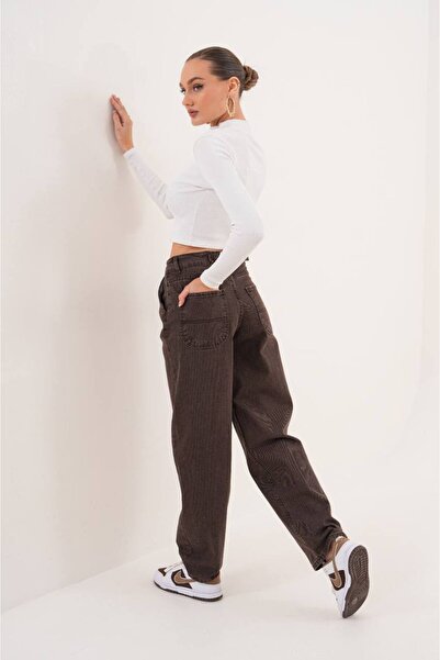 FİVE TEEN Women's Buckled Baggy Jeans - Brown