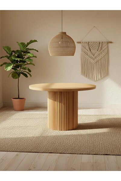 KleinHaus Furniture Yuvarlak Masa, Masif Çıtalı Ahşap Masa, Modern Tasarım (D...