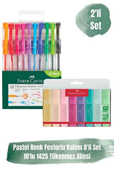 Faber Castell 10 Renk Tükenmez Kalem + 8 Renk Fosforlu Kalem Pastel Set 2’li ...