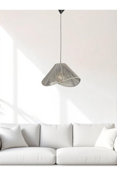 KorFam Gri Hasır El Yapımı Bohem Asimetrik Şekilli Rustik Avize