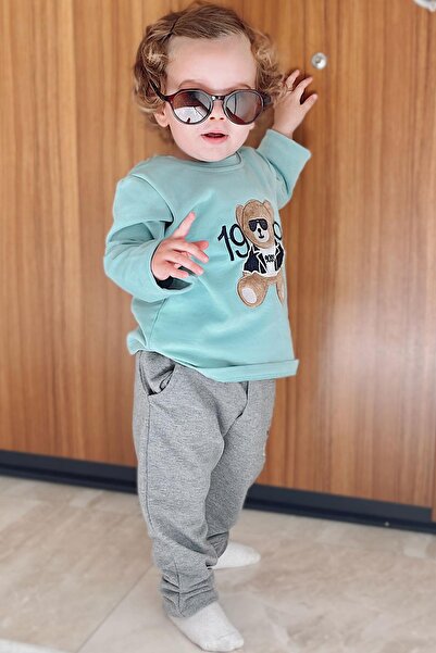 Breeze Erkek Bebek Uzun Kollu Tişört Patron Ayıcık Nakışlı 9 Ay-3 Yaş, Su Yeşili