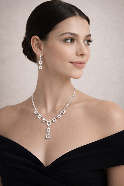 Perle Norie Zircon Stone Square Motif Y Model Waterway Necklace & Earring Set...