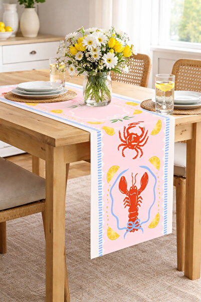 RİTMOHOME Marin, Deniz, Limonlu, İstakoz, Yengeç Desenli, Renkli, 40x140 Runner