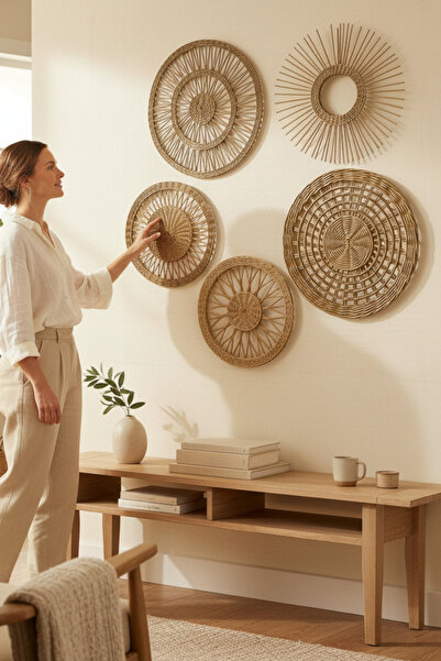 Joujou El Yapımı Rattan Duvar Dekor Seti 5'li | Doğal Bohem Rattan Rustik Duv...