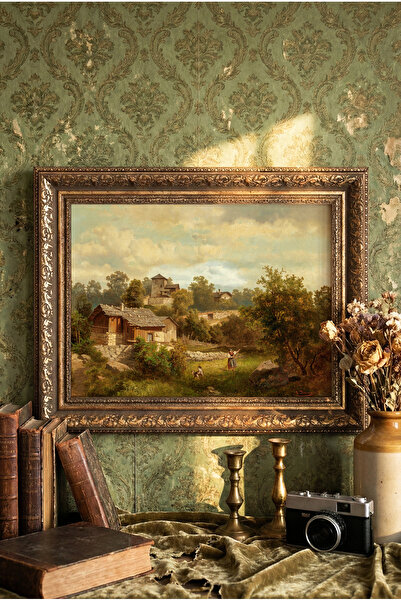 epiqart Köylülerle Alp Manzarası - Vintage Desenli Çerçeve