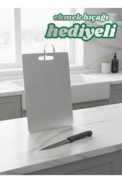 ERGÜL 35x23 cm Paslanmaz Çelik Kesme Panosu, Metal Kesme Panosu, Bıçak Hediye...