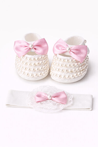 Bowtie Detailed Shiny Pearl Shoes/Bootees-Headband Set Baby Gift (10 cm)