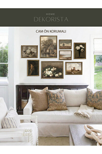 HOME DEKORİSTA Çerçeveli CAMLI Vintage 8'li Tablo Seti, Galeri Duvarı, Sanats...