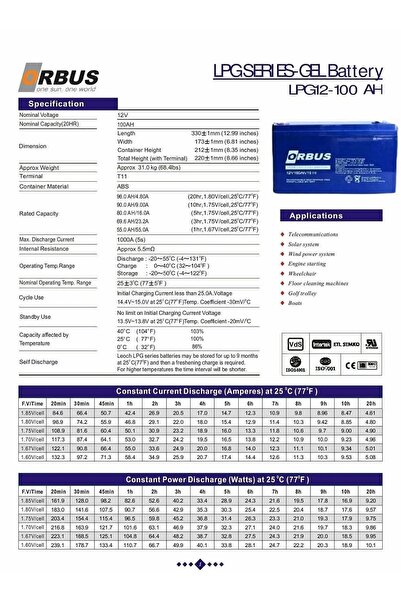 ORBUS 12 V Volt 100 Ah A Amper Karbon Jel Akü Derin Döngü