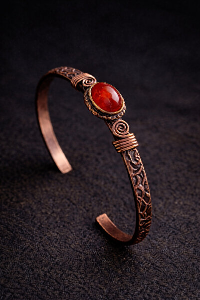İyyaKee Erkek Bakır Bileklik Doğal Kırmızı Akik Taşı Kadın Kelepçe Bilezik