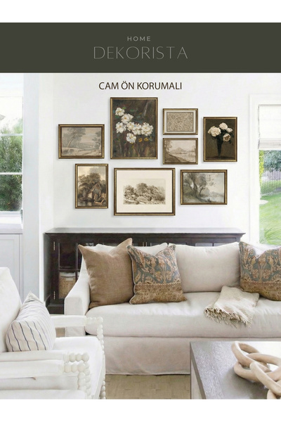 HOME DEKORİSTA Çerçeveli CAMLI Vintage 8’li Tablo Seti , Vintage Tablo, Manza...