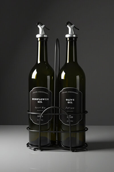 Mienda Home 2'li Siyah Metal Stantlı Cam Yağdanlık Seti 750 ml Damlatmaz Başl...