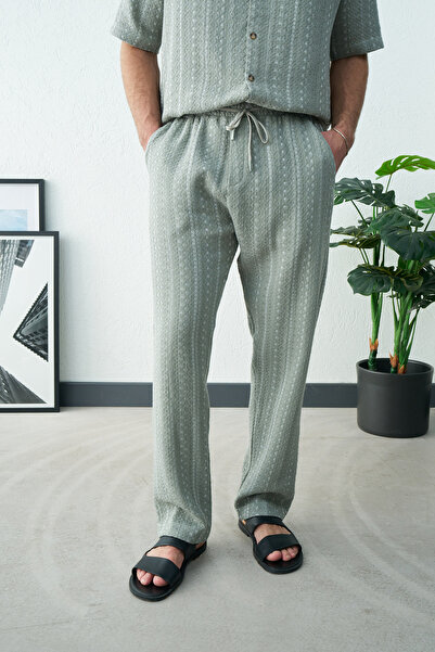 İLKCET MODA بنطلون رجالي من الكتان المحبوك المنقوش