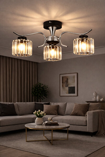 ESSLİGHT Esma 3’lü Kristal Taşlı Modern Salon Mutfak Yatak Odası Avizesi