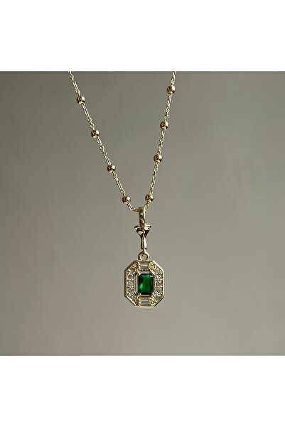 Büşra Shine Aksesuar قلادة من الذهب الصلب بحجر الزركون الأخضر